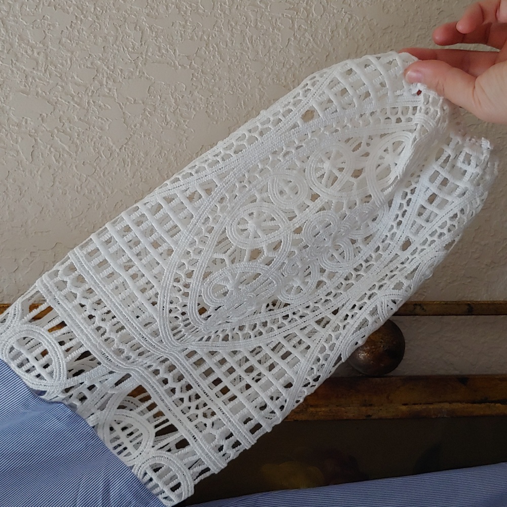 Lace Sleeve, Pearl Button, Pinstripe Bule White Top, Cotton Blend